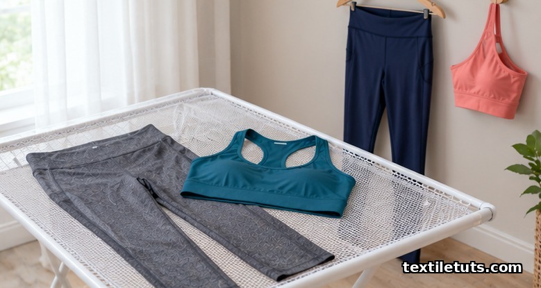 Leggings and sports bras air drying flat on a mesh rack and hung by waistband and one strap away from direct sun