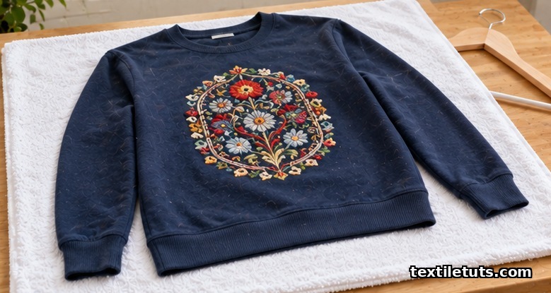 Embroidered navy sweatshirt air-drying flat on a white cotton towel, design facing up, away from sunlight