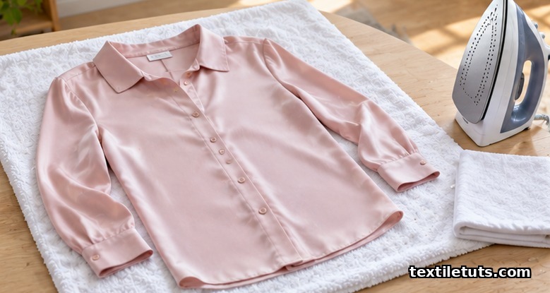 Pink silk blouse drying flat on a white towel in shade, with a low-heat iron and white pressing cloth nearby