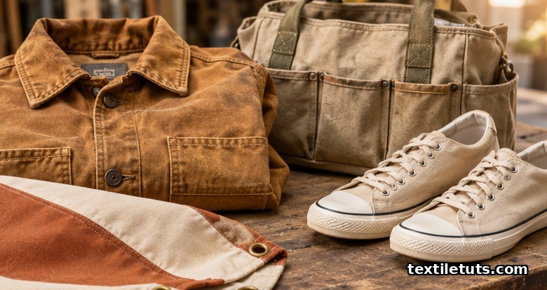 Workbench flat-lay of duck cloth end-uses including workwear jacket, tool bag, sneakers, and awning swatch.
