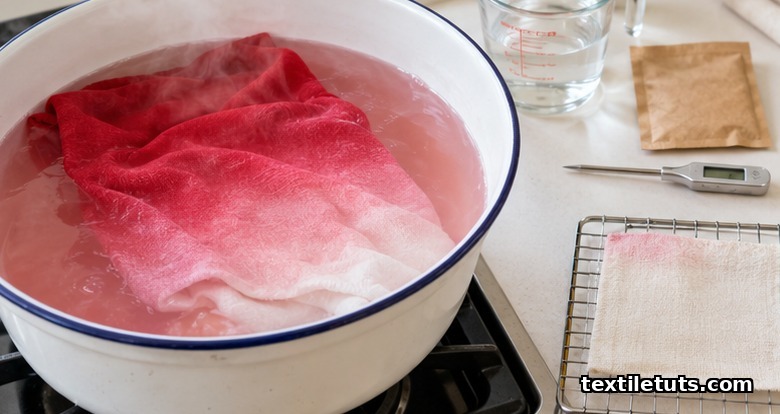 Red cotton fading to pale pink in a hot color remover bath with thermometer and a lightened test swatch