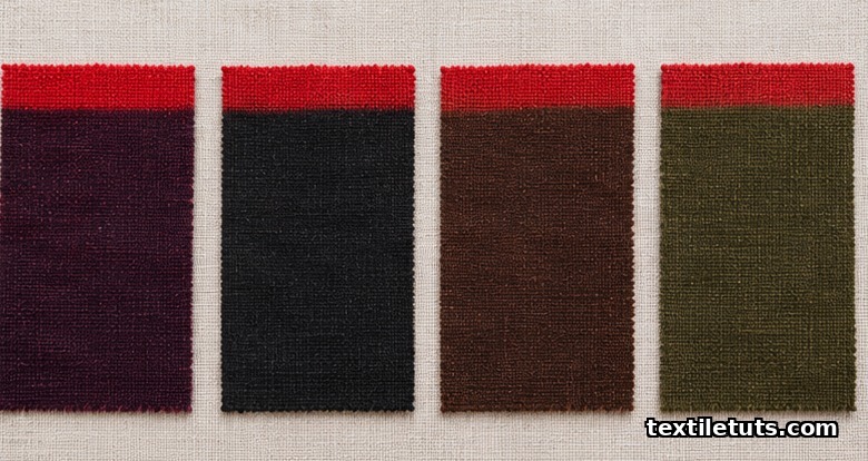 Red fabric swatches overdyed burgundy-navy, black, espresso brown and olive-brown green in a row
