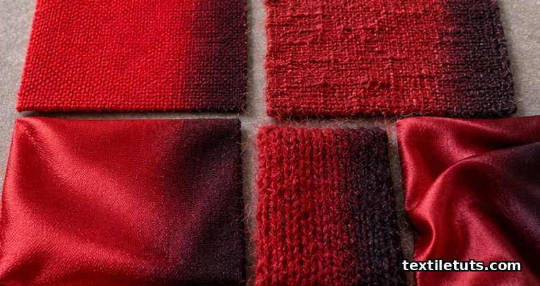 Close-up of red cotton, linen, polyester, wool and silk samples showing different overdye uptake