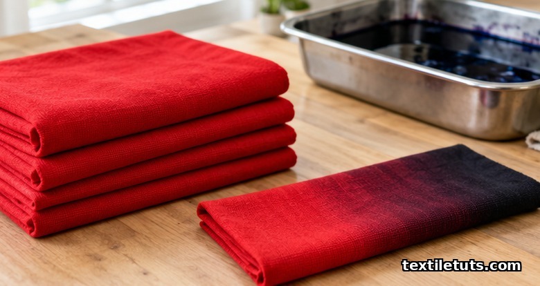 Folded red cotton fabric beside a strip shifting from red to burgundy to near-black after overdyeing