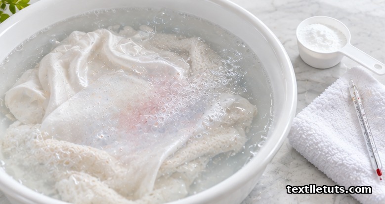 Delicate garment with a faint dye transfer stain soaking in a basin of bubbling oxygen bleach solution