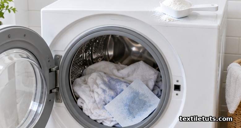 Washing machine drum holding a dye-stained white garment and a blue-tinted color-catcher sheet beside oxygen bleach powder