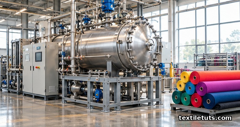 Dyecoo supercritical CO2 dyeing machine installed in a textile mill with dyed polyester fabric rolls beside it, illustrating production-scale Air Dye.