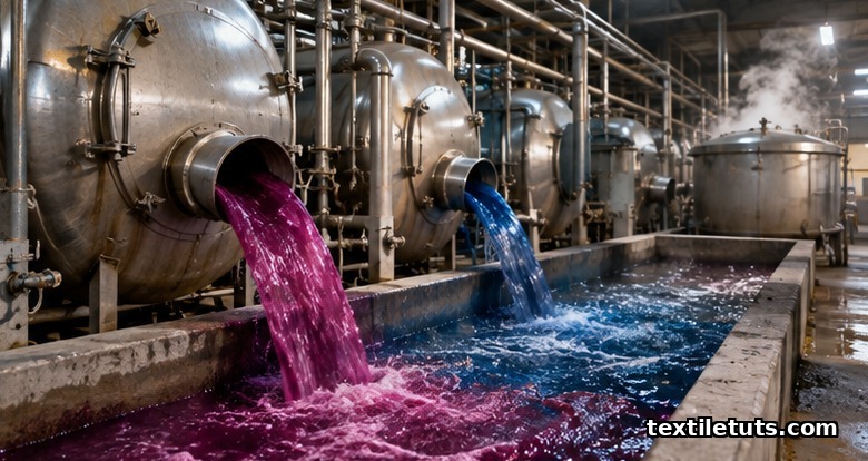 Industrial dyehouse interior with stainless-steel dyeing vessels and an open trough pouring vividly colored magenta and blue effluent.