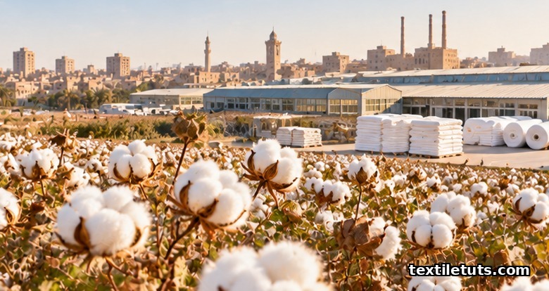 Sunlit Egyptian extra-long staple cotton field with Mahalla El Kubra textile city skyline featuring looms and stacked towels.