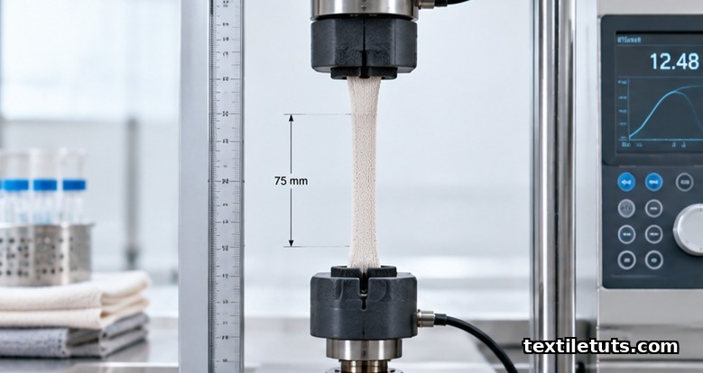 Narrow elastic tape stretched between pneumatic grips of a tensile testing machine measuring ASTM D4964 recovery.