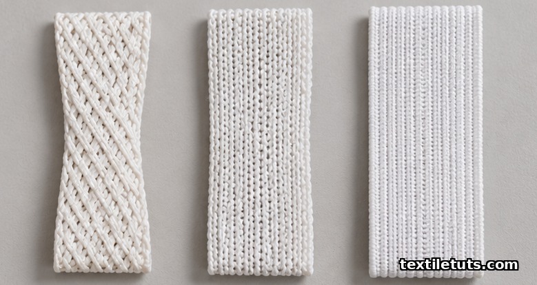 Three swatches of braided, knitted, and woven elastic webbing laid side by side, each showing a distinct surface texture.