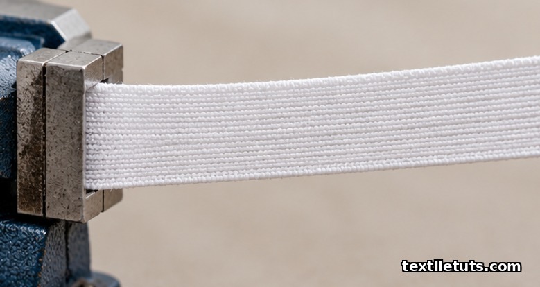 Macro close-up of a white woven elastic webbing strip stretched between clamps, showing parallel warp threads and cotton cover.