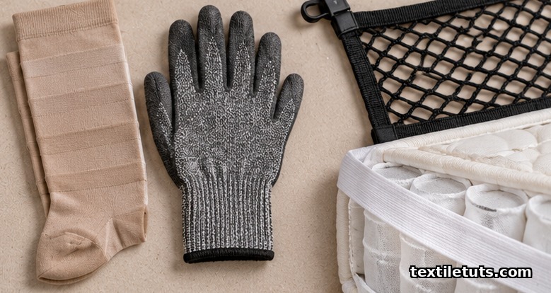 Flat-lay of elastic products outside apparel: a compression stocking, a cut-resistant glove, a cargo net, and mattress edge tape.
