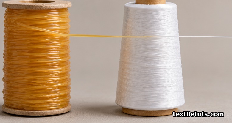Two spools of raw elastomer thread side by side: amber natural latex on the left and white spandex filament on the right, both stretched.