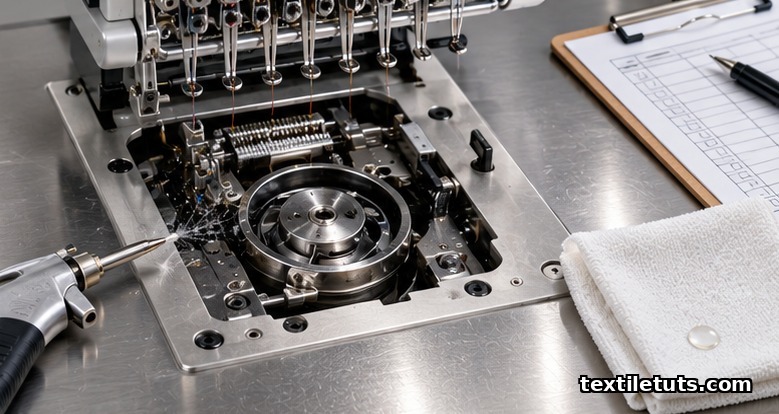 Embroidery machine bobbin area open for daily cleaning with compressed air nozzle, lint-free cloth, and maintenance log