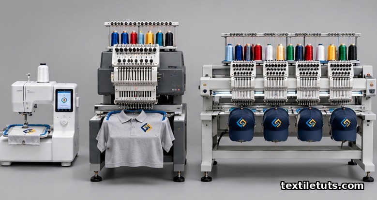 Three embroidery machine classes side by side: home hobby, commercial single-head, and industrial multi-head