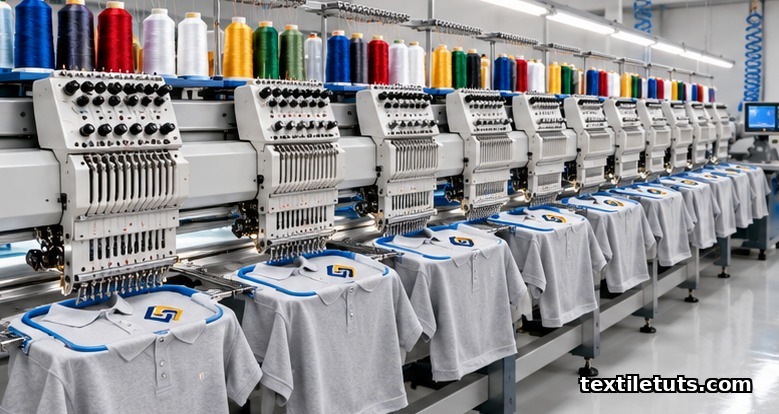 Industrial multi-head embroidery machine decorating polo shirts with colorful thread cones on a bright production floor