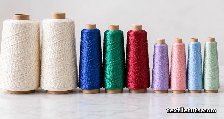 Embroidery thread cones arranged by weight from heavy 12 wt to fine 75 wt in pastel and jewel tones on a white surface.