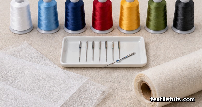 Embroidery thread cones, machine needles of various sizes, and cut-away stabilizer fabric on a linen surface