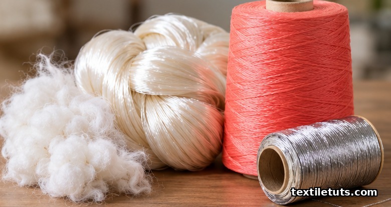 Cotton fiber tuft, glossy rayon filament, bright polyester filament and metallic thread arranged on a wooden surface.
