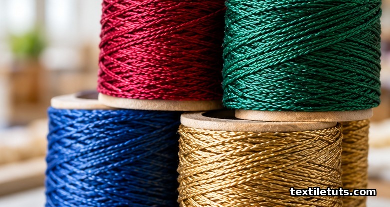 Stack of colorful twisted embroidery thread spools in red, green, blue and gold on a neutral textile studio background.