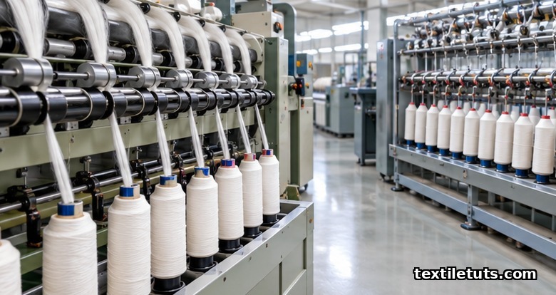 Industrial ring spinning frames feeding fiber sliver and a two-for-one twister winding filament onto paper packages.
