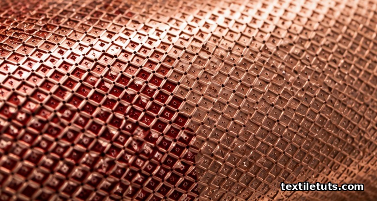 Macro photograph of etched diamond-shaped cells on a copper printing roller showing depth and spacing