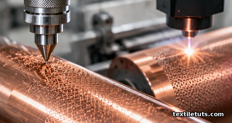 Close-up of laser and stylus engraving tools cutting precise cells into the copper surface of a printing roller