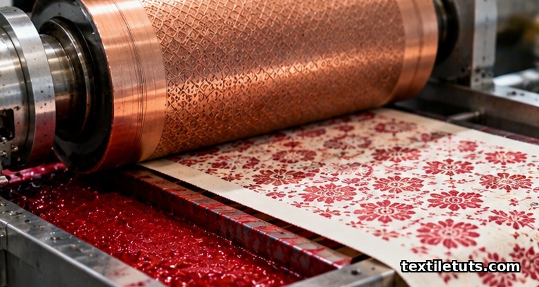 Copper-plated steel cylinder of an engraved roller printing machine feeding paste onto woven cotton fabric