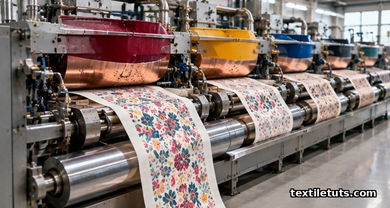 Wide industrial view of an engraved roller printing line with multiple engraved cylinders in sequence
