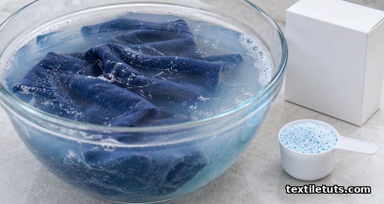 Navy cotton t-shirt soaking in a glass basin of cold enzyme detergent solution to lift a dried blood stain