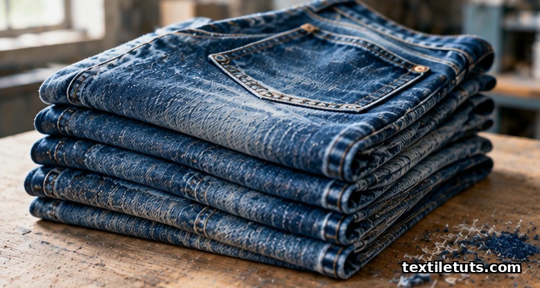 Folded stack of enzyme-washed indigo denim jeans on a finishing-room worktable showing soft mid-blue shade and faded seams.