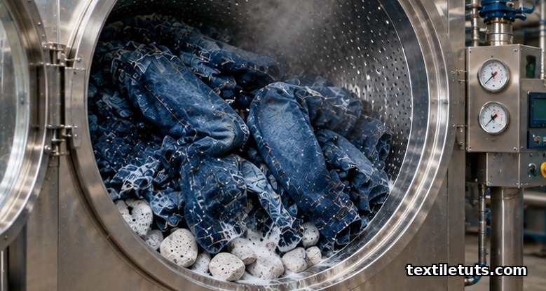 Industrial stainless-steel denim finishing drum mid-cycle, tumbling wet indigo denim garments during cellulase enzyme wash.