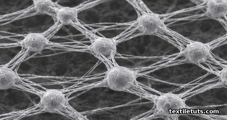 Scanning electron microscope view of an ePTFE vascular graft wall showing the node-and-fibril microstructure.