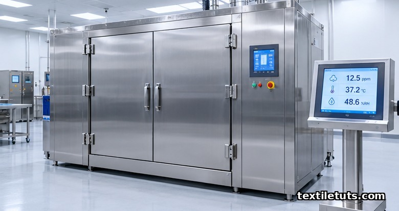 Stainless-steel ethylene oxide sterilization chamber with digital control panel and gas monitoring station.