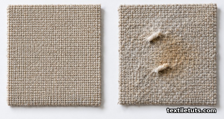 Side-by-side comparison of a pristine fabric specimen and a worn specimen showing two broken yarns and surface fuzzing from abrasion testing.