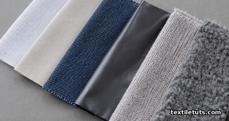 Six fabric swatches from lightweight shirting to heavy fleece arranged to match ISO 13937 and ISO 13938 test selection.