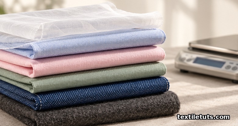 Stacked woven fabric swatches from sheer voile to heavy melton wool illustrating GSM density differences and weave weight categories.