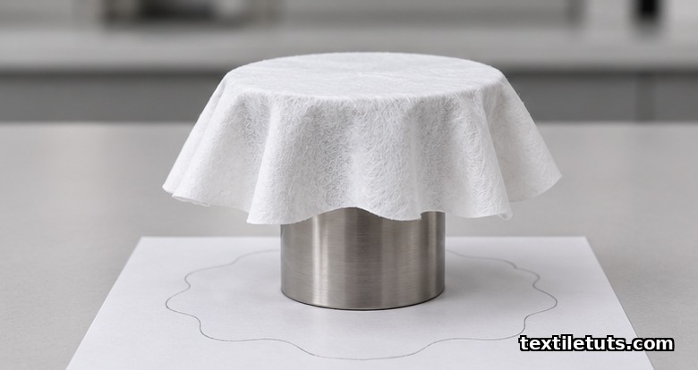 Circular nonwoven fabric specimen draped over an ISO 9073-9 test pedestal with shadow outline traced on paper below.