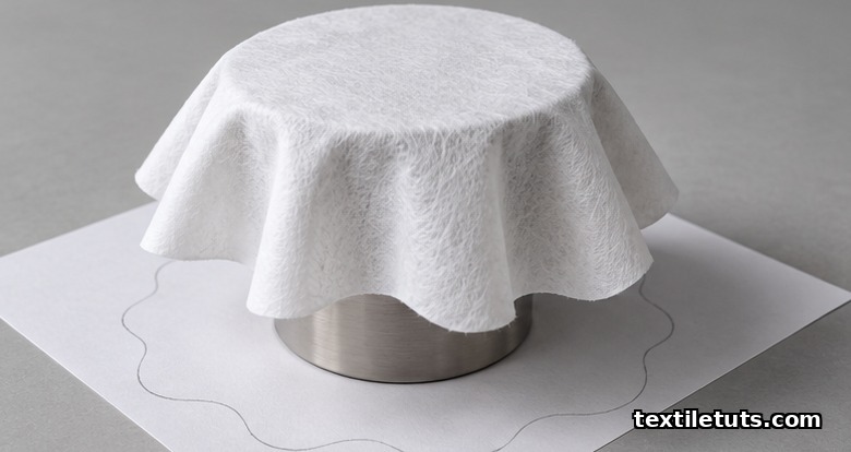 Close-up of ISO 9073-9 drape test: circular specimen on pedestal with traced shadow silhouette beneath.