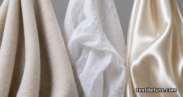 Three textile swatches — wool suiting, cotton shirting, and silk charmeuse — hanging to show distinct drape and handle.