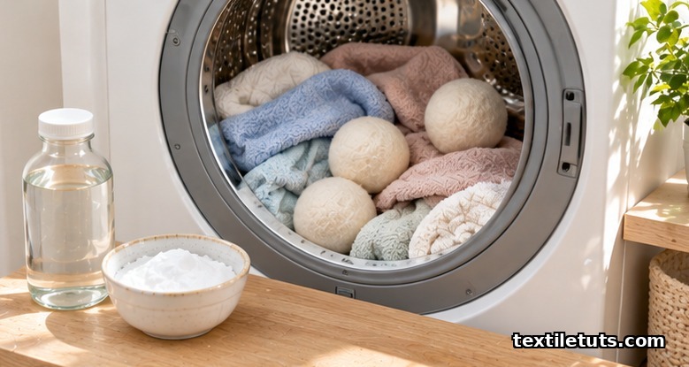 Wool dryer balls among soft towels in a dryer drum, with white vinegar and baking soda as fabric softener alternatives