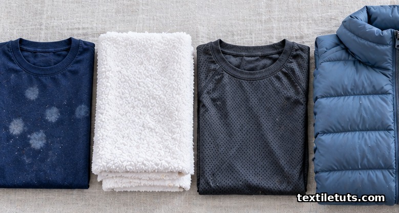 Flat lay of fabrics vulnerable to softener: dark garment, cotton towels, moisture-wicking polyester shirt, down jacket