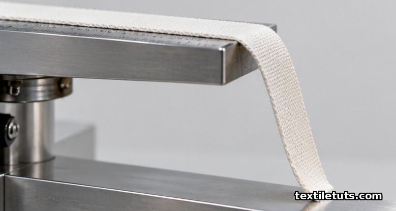 Woven cotton strip bending off a cantilever test platform to measure ASTM D1388 stiffness and flexural rigidity.
