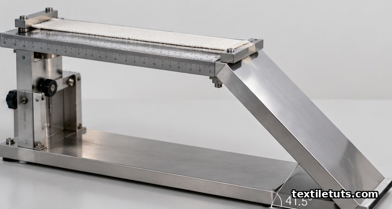 Cantilever test apparatus with horizontal platform, 41.5° inclined reference surface, and a fabric specimen laid flat.