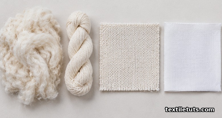 Cotton fiber bundles, twisted yarn, and woven fabric squares comparing factors that affect fabric stiffness.