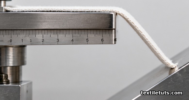 Fabric strip advanced off a horizontal platform tip touching a 41.5° inclined reference surface for stiffness measurement.