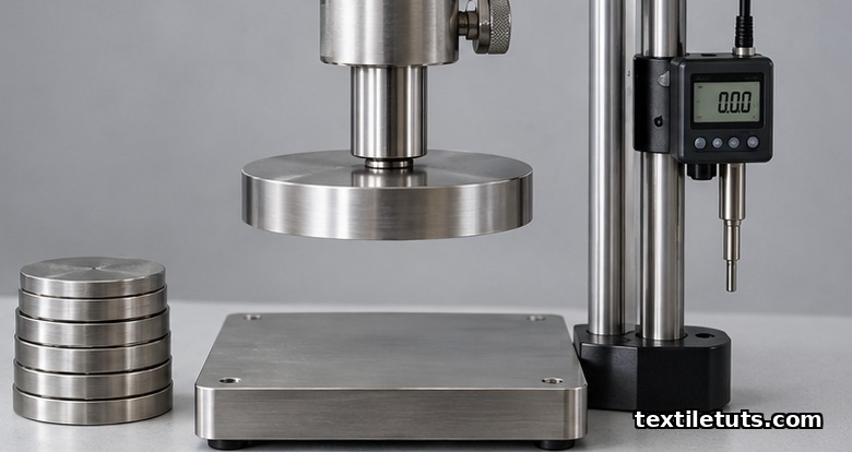 Close-up of a circular presser foot above a steel reference plate with an LVDT displacement sensor on the side.