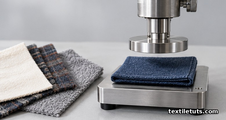 Polished steel thickness gauge with circular presser foot above indigo denim swatch, accompanied by cotton, wool, and terry samples.