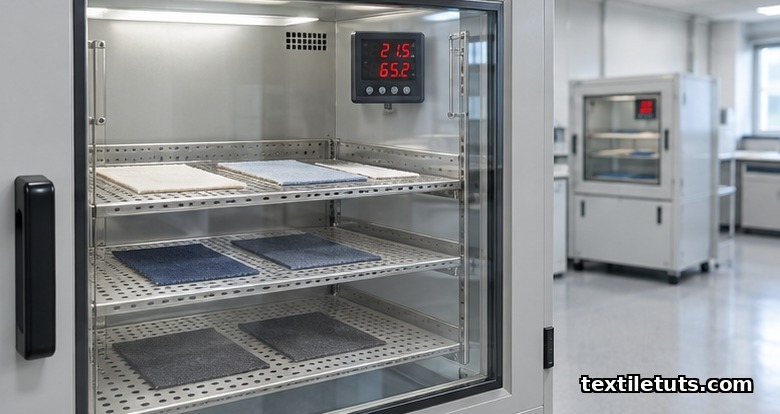 Climate-controlled textile conditioning chamber with fabric specimens on perforated racks and a digital hygrothermometer inside.